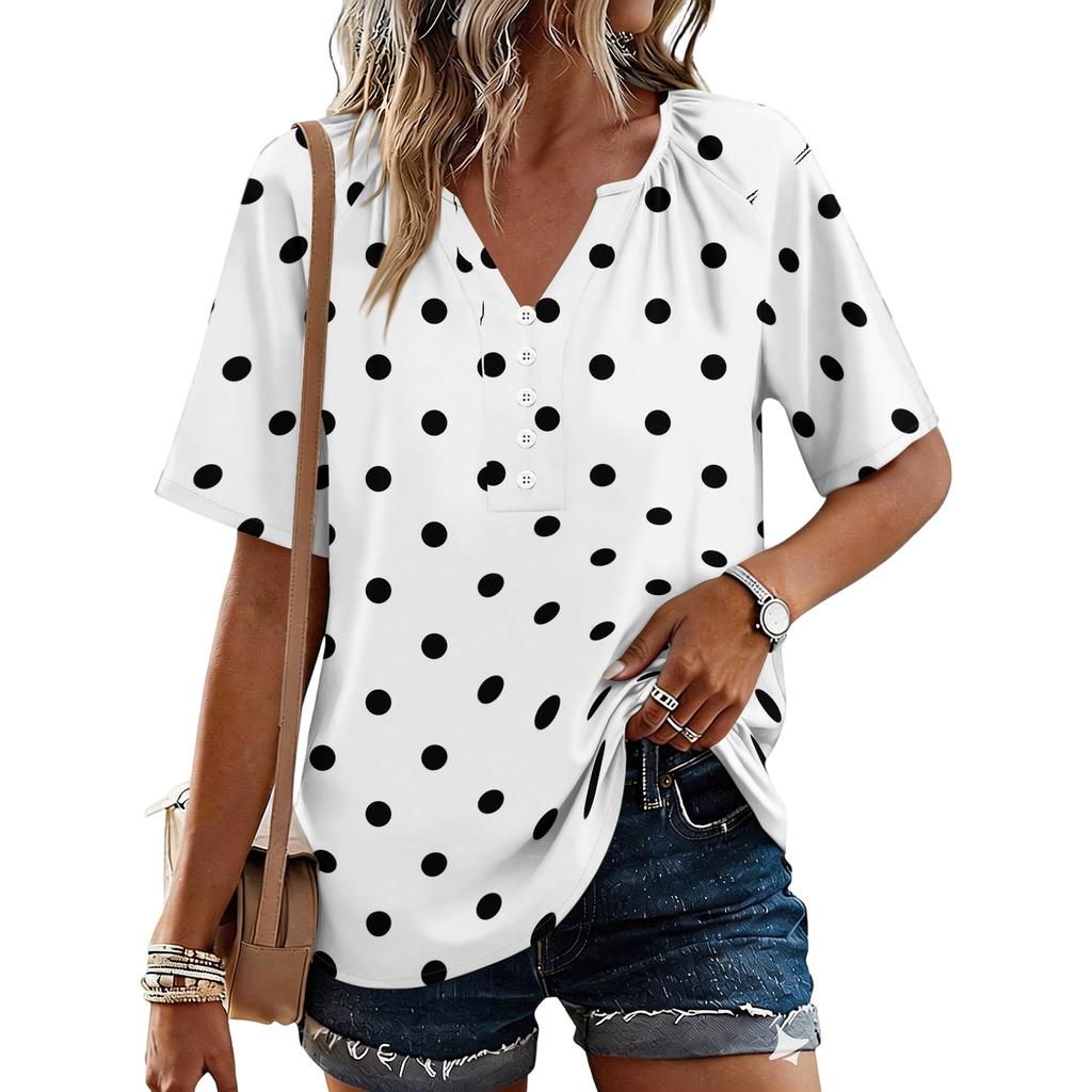 Women's Fashionable Casual Floral Print Button V-neck Short-sleeved Top