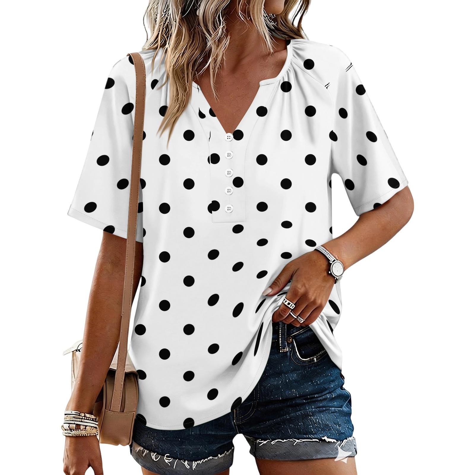 

Women s Fashionable Casual Floral Print Button V-neck Short-sleeved Top XL білий
