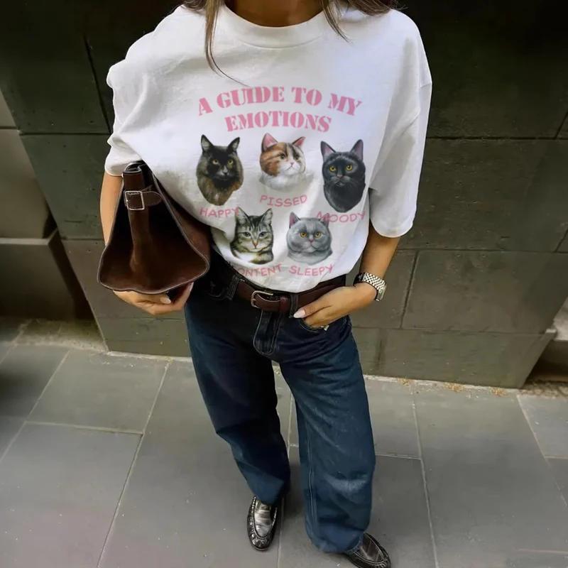 Retro Kitten Print Streetwear Tshirts Women Oversized Cute Funny Cat Lover T Shirt Kawaii Y2k Graphic Tees Aesthetic Fashion Top S