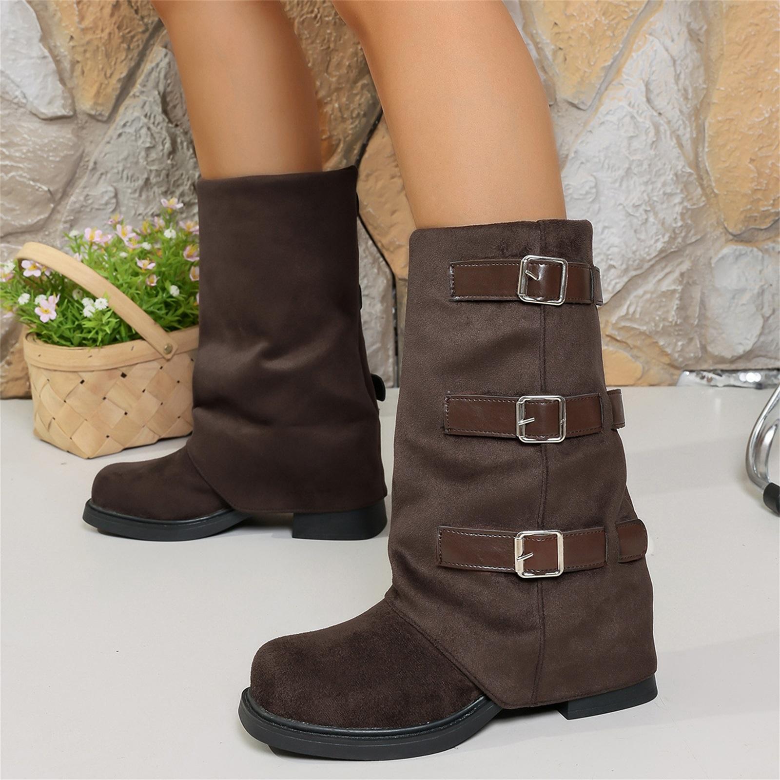 

Women s Plus Size Round Toe Belt Buckle Mid-Calf Boots With Chunky Heel Fashionable Boots 40 кавовий