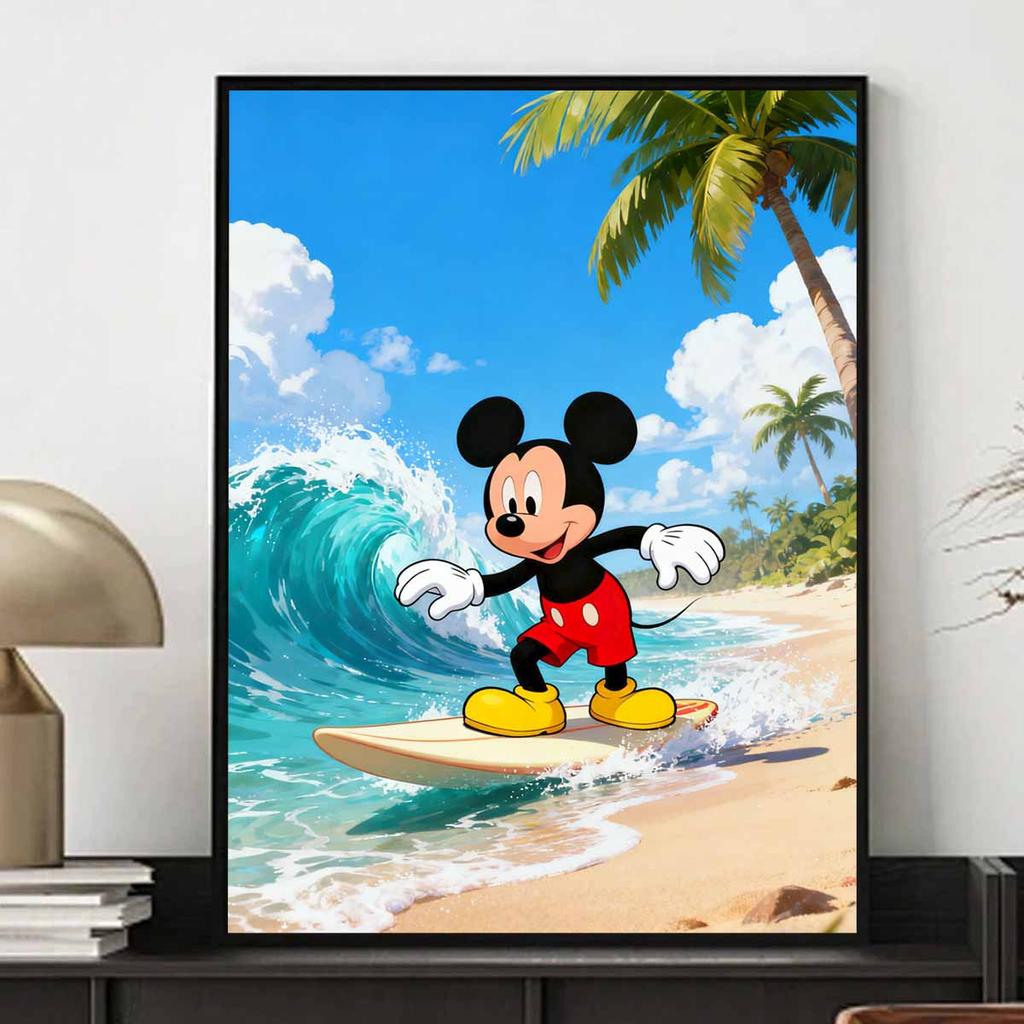 Disney diamond painting kit handmade diy5D home decor gift unique idea Mickey surfing waves beach tropical summer fun creation