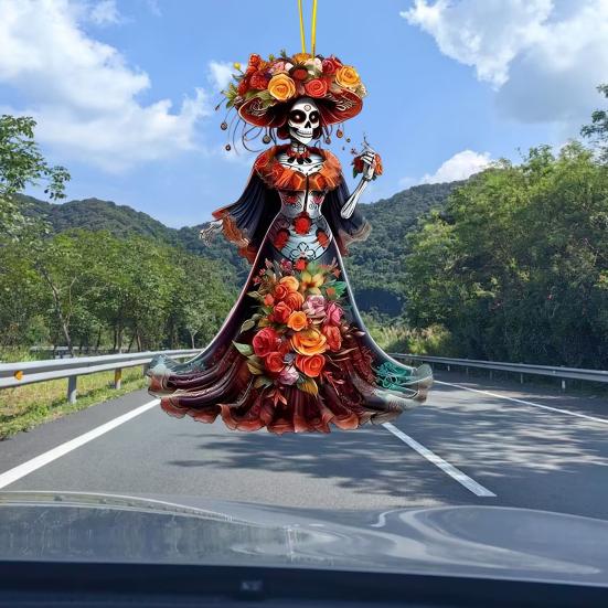 Halloween Car Pendant Skeleton Bride Rearview Mirror Ornament Car Interior Decor Gothic Style Auto Accessories