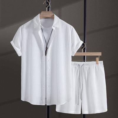 Heren Casual Wafel Shirt Tweedelig Effen Kort Mouw Shirt Shorts Casual T-shirt Shorts Set