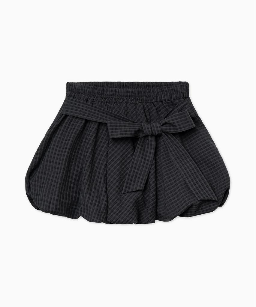 Dilleiopeu Ribbon Point Check Elastic Waist Balloon Mini Skirt [Black]