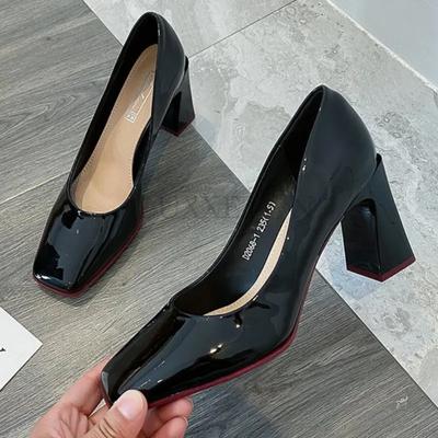 Rugan Kadın Pompaları Retro Kare Topuk Tek Ayakkabılar Kolej Stili Kare Burun Deri Ayakkabı Öğrenci Yüksek Topuklu 8CM