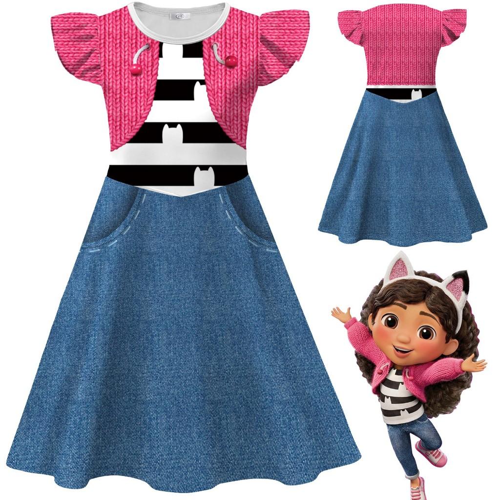Kids Girls Cartoon Printed Ruffle Sleeves O Neck Casual Dress Halloween Cosplay Costumes