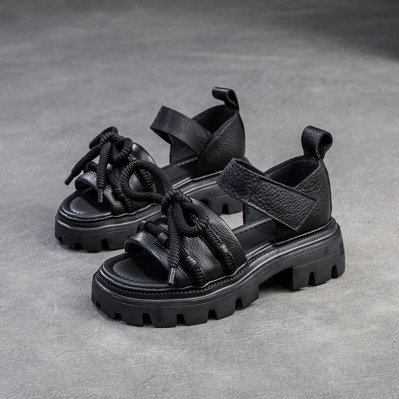 Johnature Wszechstronne sandały z odkrytymi palcami i pętelkami. Buty damskie w stylu retro z prawdziwej skóry na grubej podeszwie