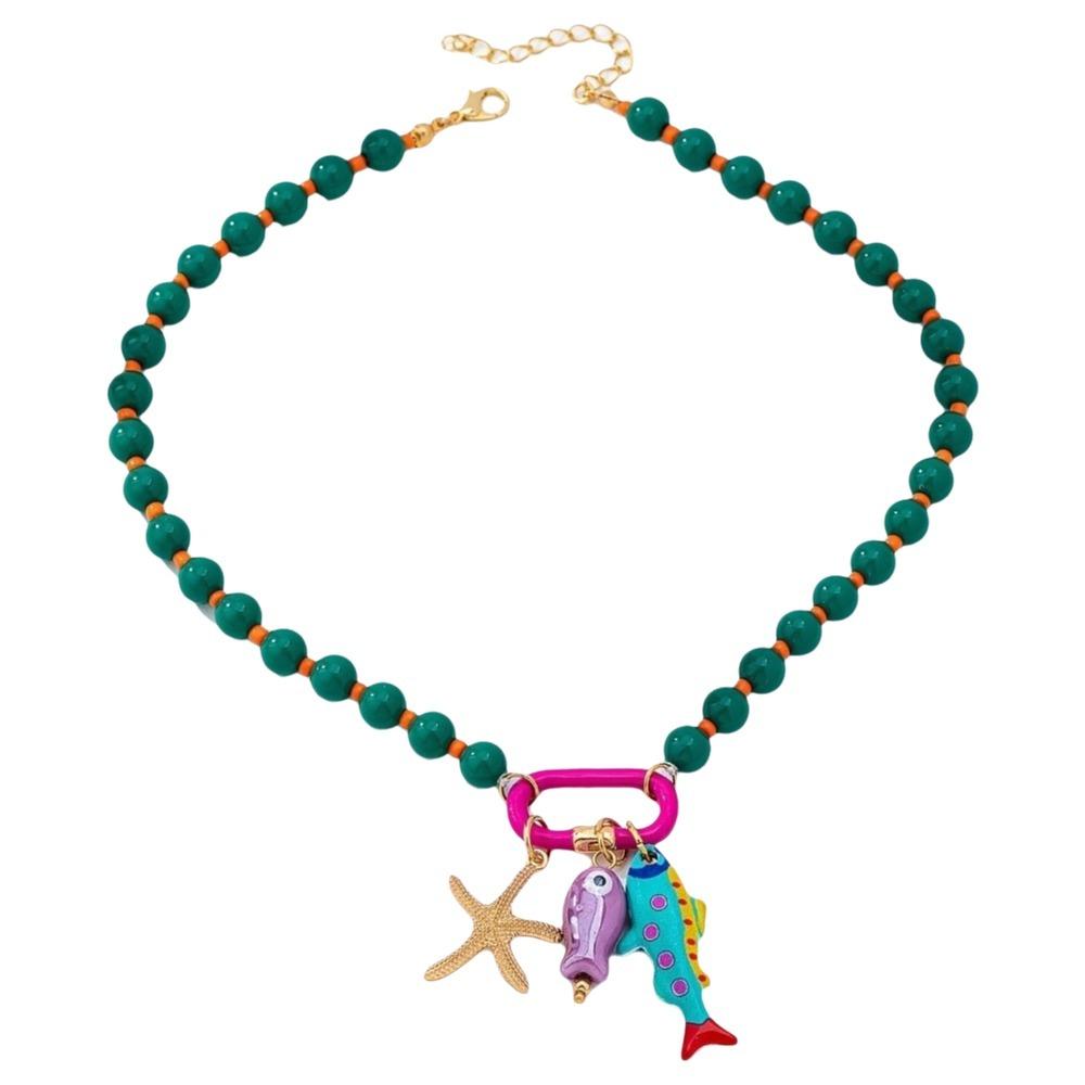 Adjustable Starfish Charms Necklace Sea Series Beach Beaded Necklace  Holiday зелёный