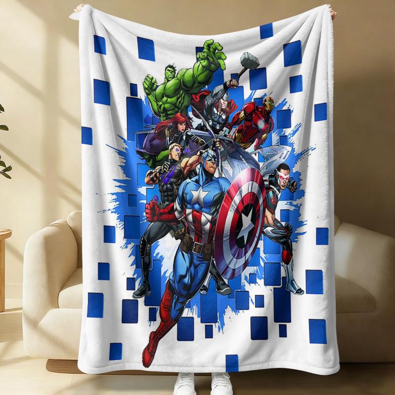 Styl Tech Avengers Koc Flanelowy Miękki Ciepły Puszysty Kocyk Pokrowiec na Sofę Kanapę Łóżko Niebieski Piksel & Nadruk Bohaterów Lekki Kocyk na Drzemkę