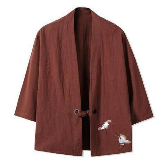 Herren Chinesischer Stil Dreiviertelarm Tang Anzug Kimono Leinen Strickjacke