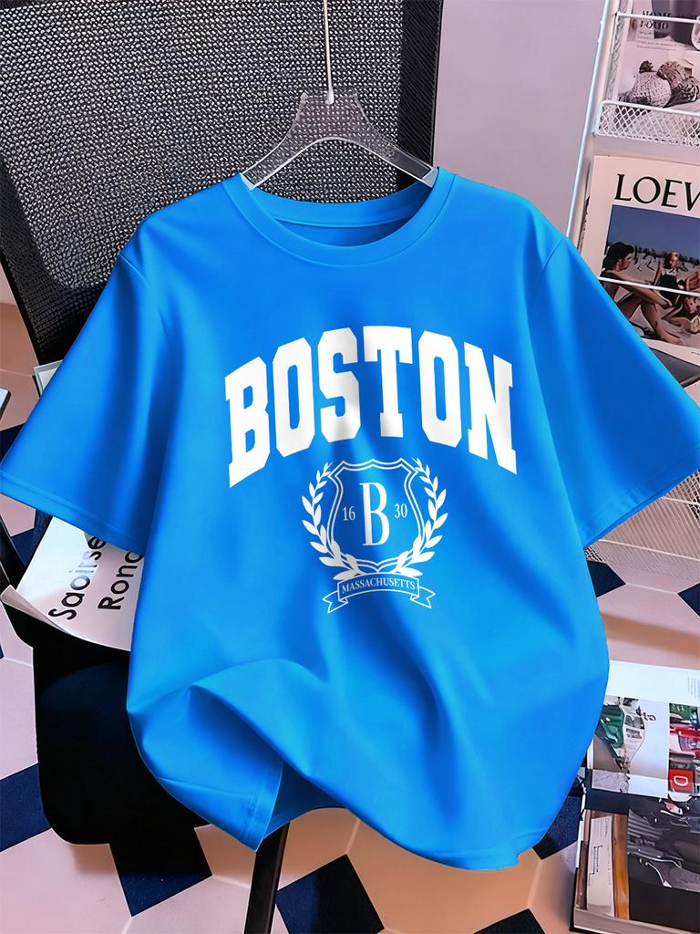 Boston 1630 Persönlichkeit Kunst Drucke Kurzarm T-Shirts Damen Baumwolle Sommer T-Shirts Weich Locker Rundhals Oberteile Basic Kleidung
