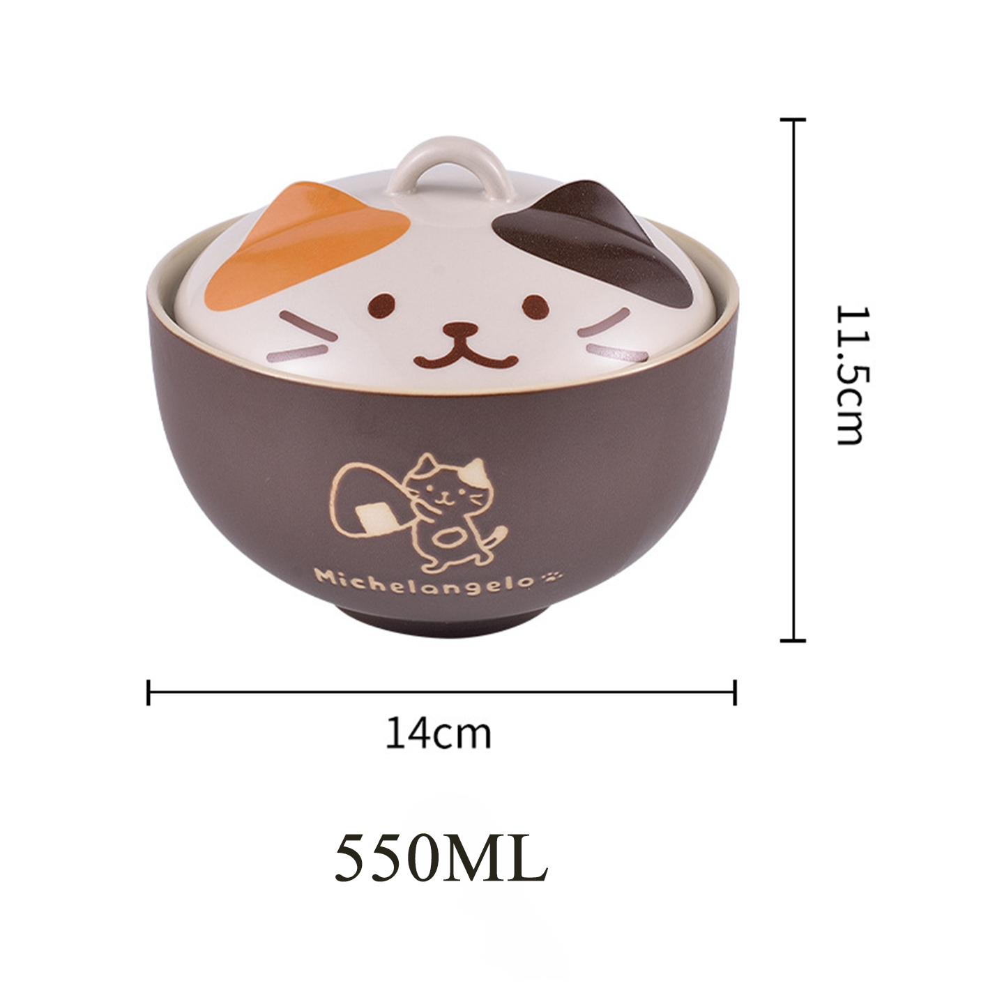 

Керамическая миска для кошек с большой крышкой, индивидуальная домашняя суповая миска, студенческая миска для лапши с крышкой, милые японские столовые приборы 550 мл коричневый