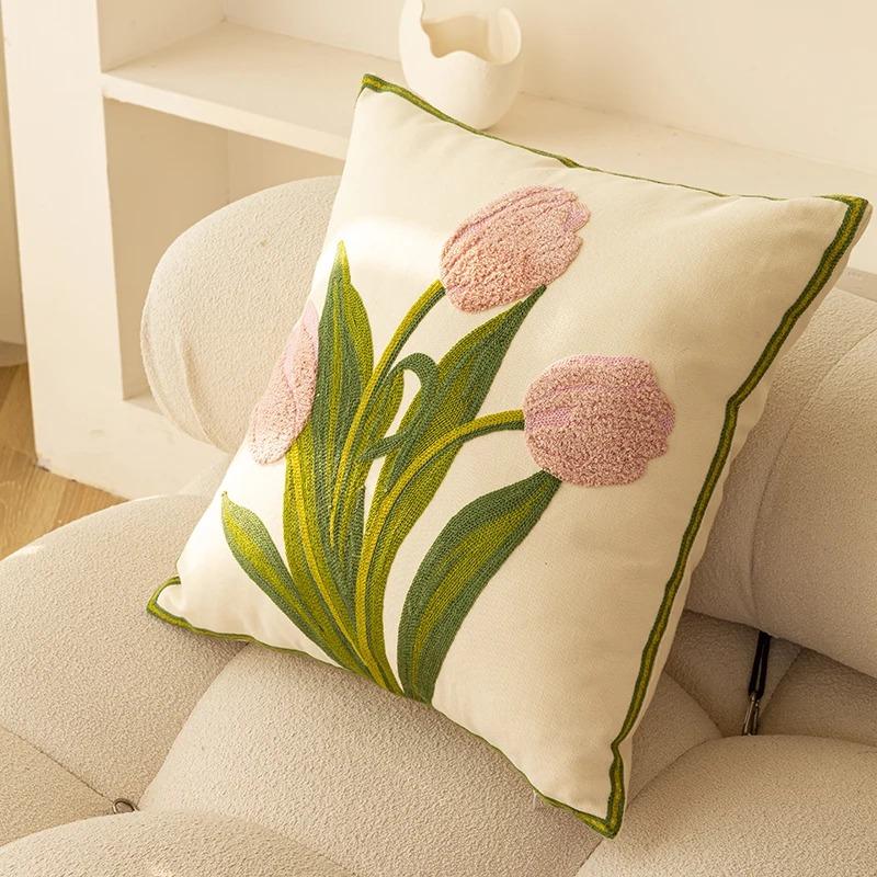 Pure Cotton Embroidery Tulip Spring Throw Pillow Covers Outdoor Patio Cushion Cover Pillow Cases Summer Garden Decorations Home
