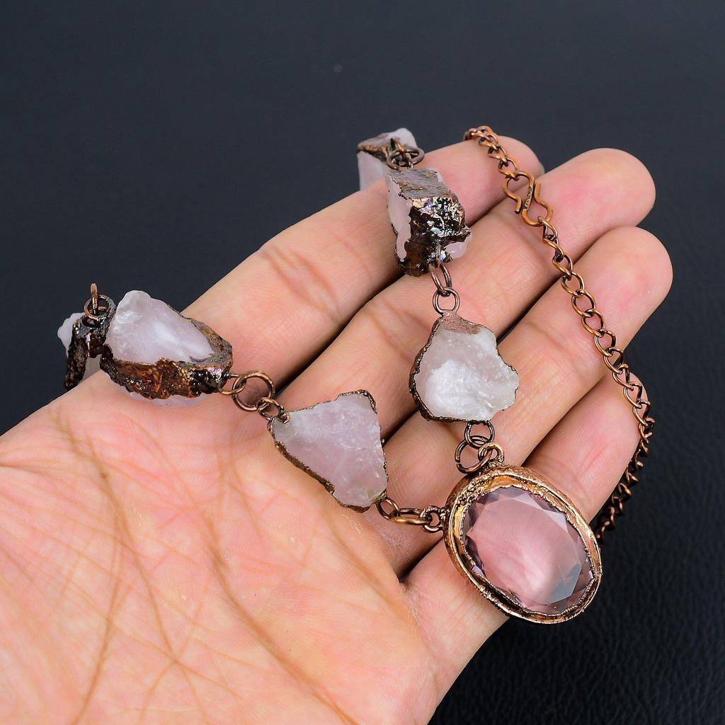 Rose Quartz Necklace Gemstone Jewelry, Copper Electroformed Adjustable Chain Necklace, Gift For Women Handmade Necklace