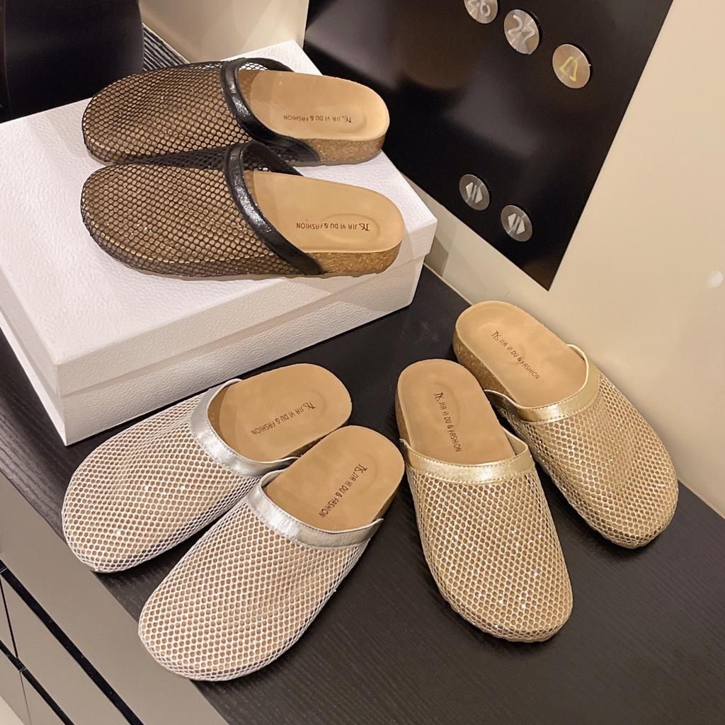 Thick Bottom Hollow Fishing Net Birkenstocks Slippers Women's 2025 Summer New Cork Flat Bottom Comfortable Bag Head Half Slippers