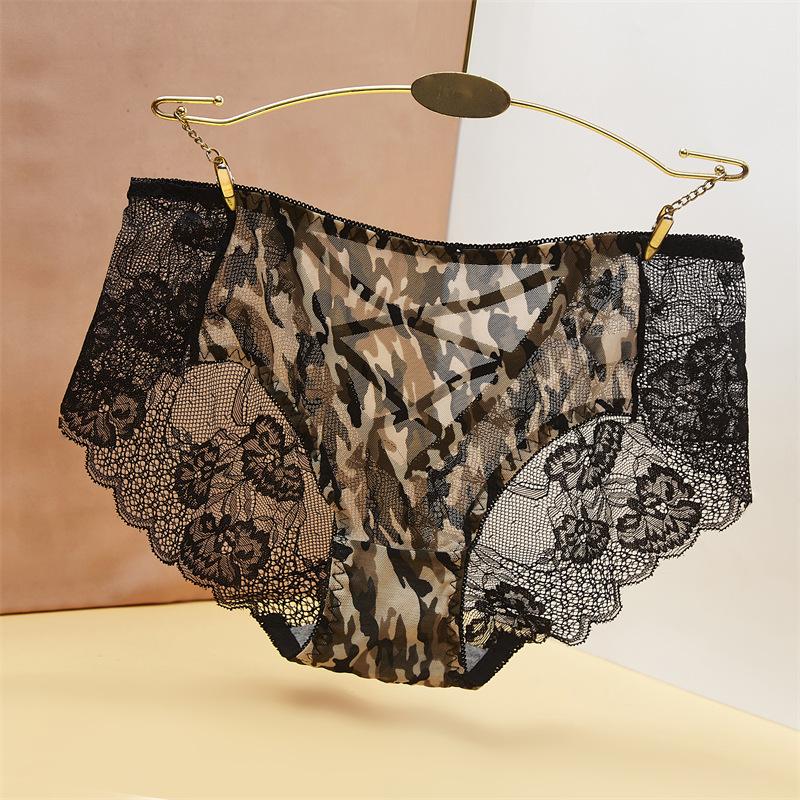 Intimo Donna Senza Cuciture Stampa Leopardo Pizzo Traforato Trasparente Seta di Ghiaccio Triangolo Intimo Vita Bassa