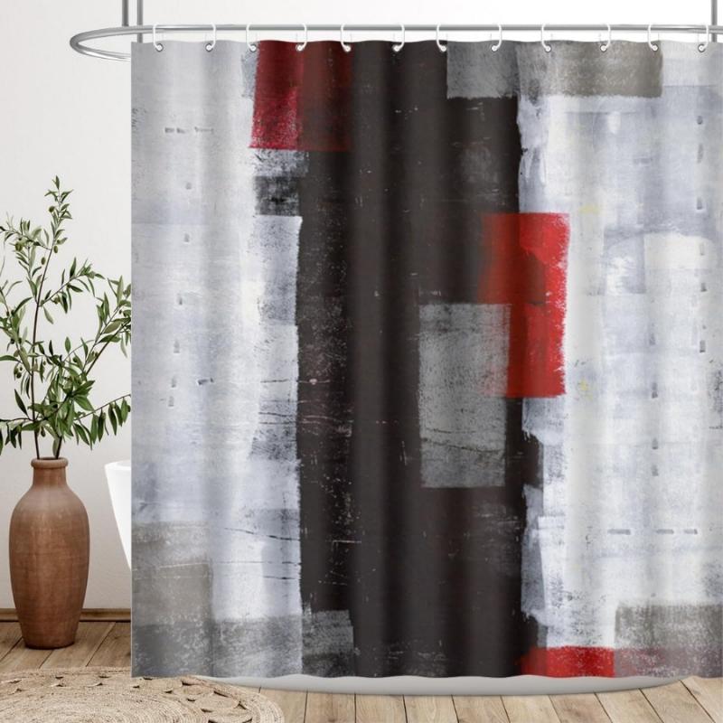 

Black Red Shower Curtain Grey Abstract Painting White Geometry Modern Gallery Lines Cool Artwork Waterproof Polyester Fabric W60H190(CM)-1 Pcs