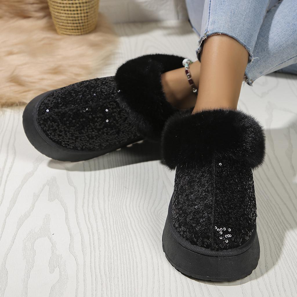 Autumn and winter women's winter boots in large sizes with thick soles made of thick plush with a top embroidered with sequins