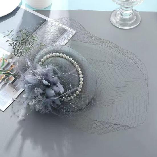 Vintage Style Pillbox Hat with Faux Pearls Mesh Feather Decor Hair Topper Headwear Weddings Events Hair Accessories
