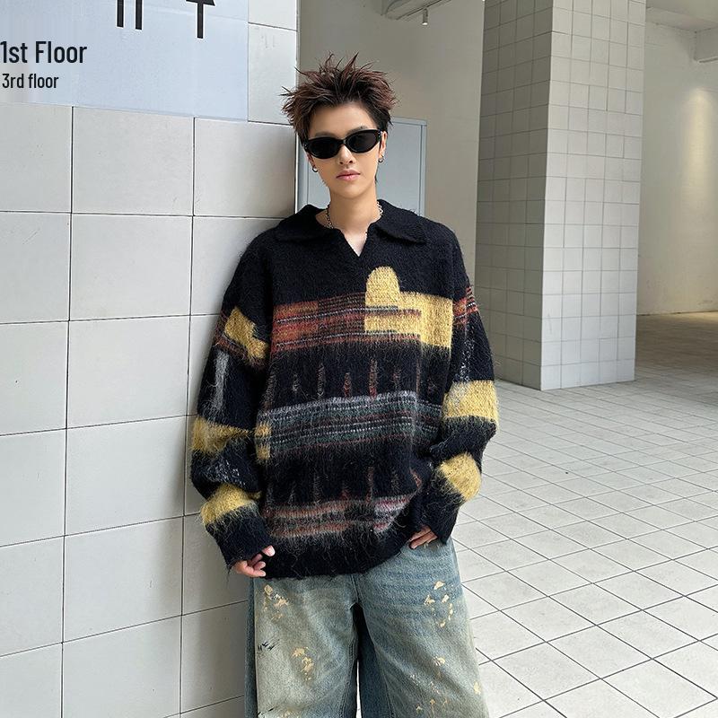 

Unisex Niche Gradient V-Neck Mink Fur Polo Sweater - Trendy American Knitwear for Autumn & Winter XXL чорний