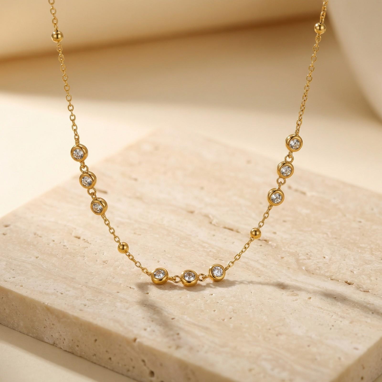 

New Trend Stainless Steel Round Zircon Necklace for Women Gold Plated Bead Chain Necklaces Chic Jewelry Gifts