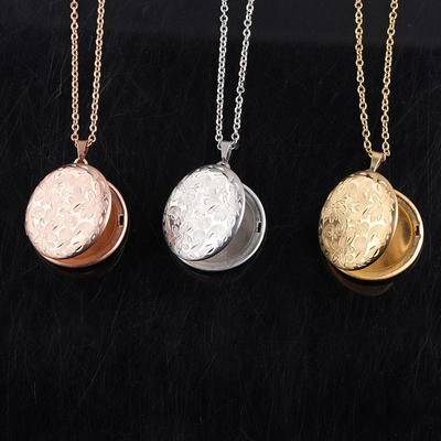 316L Mirror Stainless Steel Vintage Floral Round Locket Necklace Photo Frame