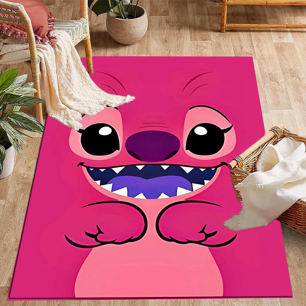 Pink Stitch Heart Background Disney Cartoon Theme Anti-Slip Rug - Polyester, Home Decor, Suitable for Bedrooms, Living Rooms, Doorways, and Studios