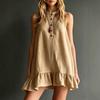 European and American Spring and Summer New Cotton and Linen Solid Color Elegant Stand-up Collar Sleeveless Ruffle Edge Dress Women