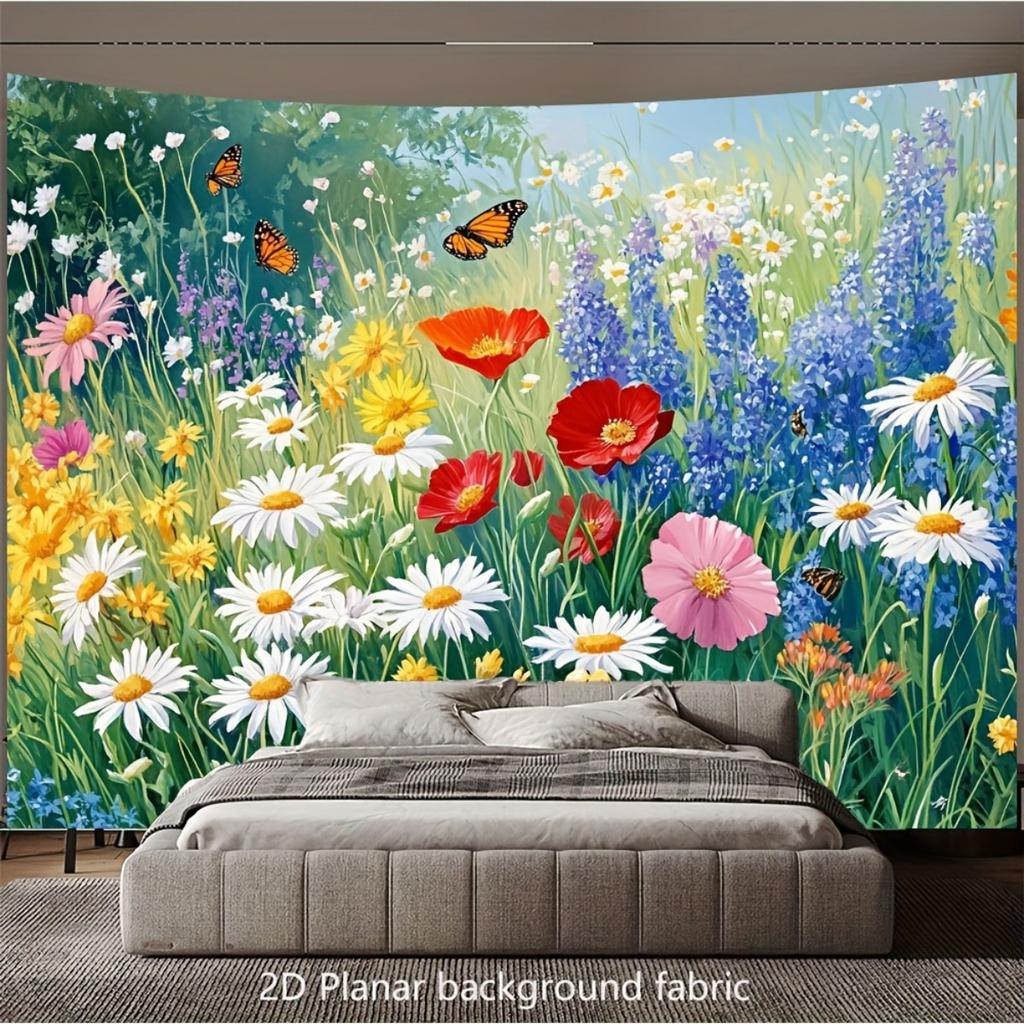 2D Flat Vibrant Wildflower Meadow Tapestry Wall Hanging  Large Blooming Daisies Poppies Bluebells  LavenderLike Flowers Wi