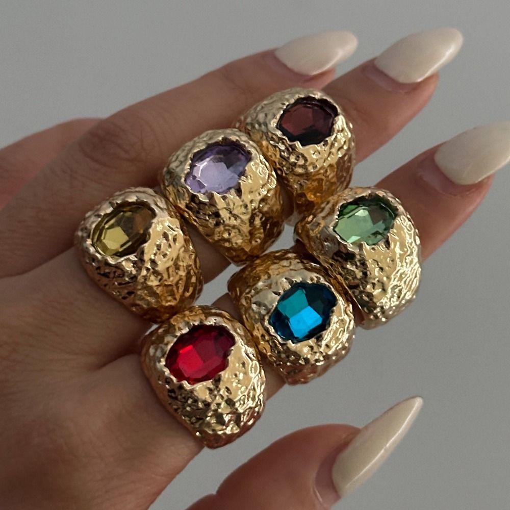 Exaggerate Colored Crystal Rings Irregular Metal Open Ring Cool Rhinestone Rings  Daily