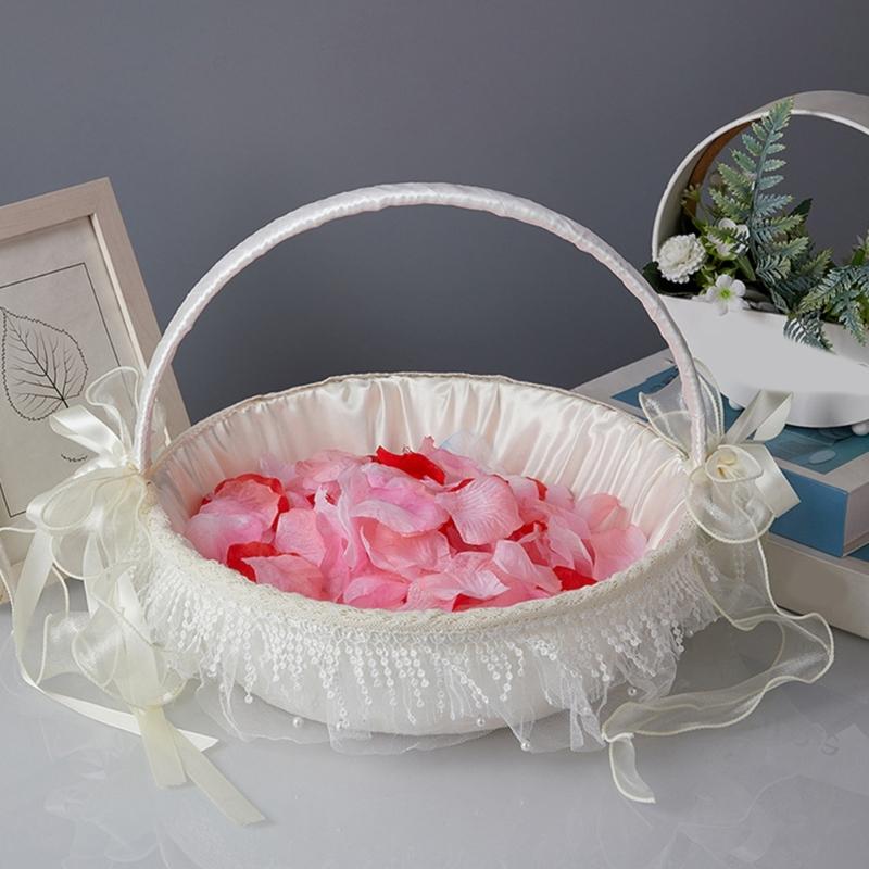 White Ruffle Flower Girl Basket with Lace and White Ribbon for Various Wedding Themes For Wedding Day