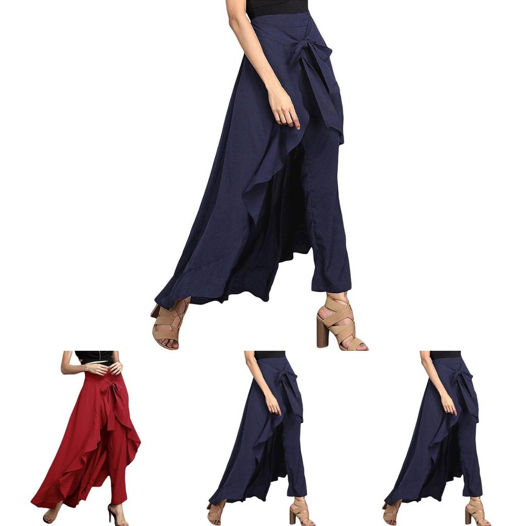 Ankle Women Length Chiffon Tiewaist Ruffle Color Long Palazzo Pure Pants