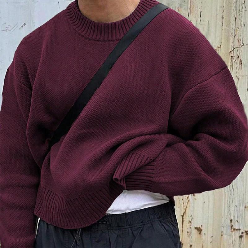 Mens Solid Color Crewneck Knit Sweater Loose Fit Long Sleeve Casual Pullover Youth Fashion