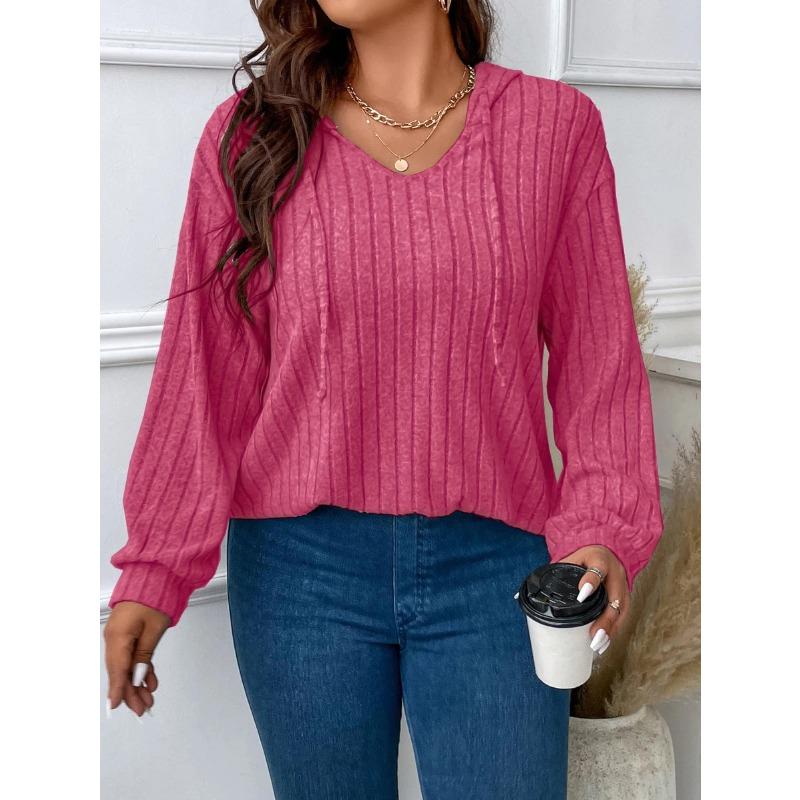Damen Plus Size Unifarben Gerippt V-Ausschnitt Mit Kapuze Langarm Locker Lässig Strickoberteil