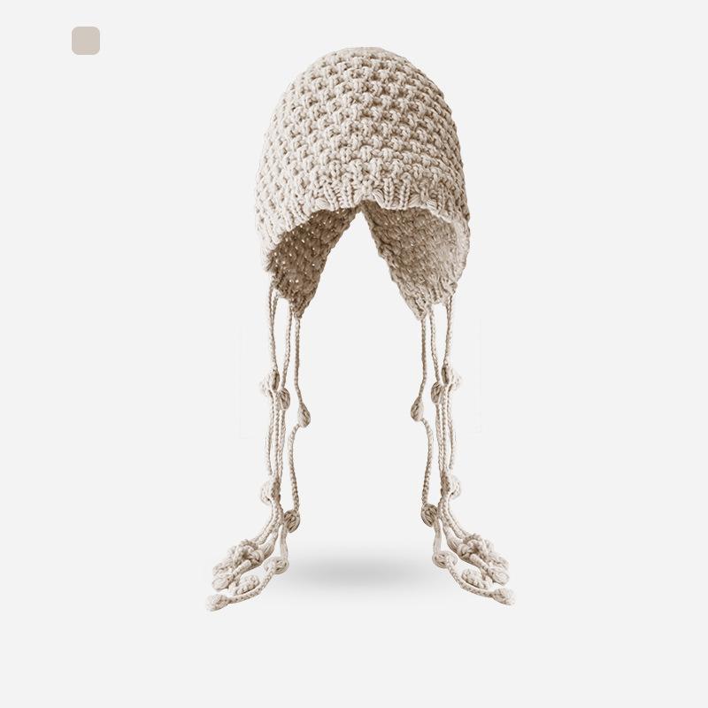 Autumn and Winter Women's Big Head Circumference Bag Hat Shows a Small Face, Thickened Ear Protection Warm Hat, Hand-woven Fringed Knitted Hat
