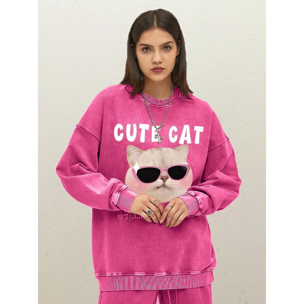 Cute Sunglasses Funny Cat Prints Washed Sweatshirt Women Fashion O-Neck Pullovers Cotton Top Loose Comfortable Clothes