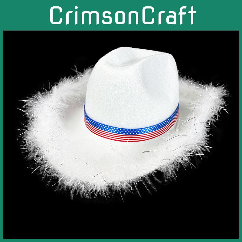 White Frayed Denim Hat With Us Flag Ribbon For Festive Events And Celebration Costumes