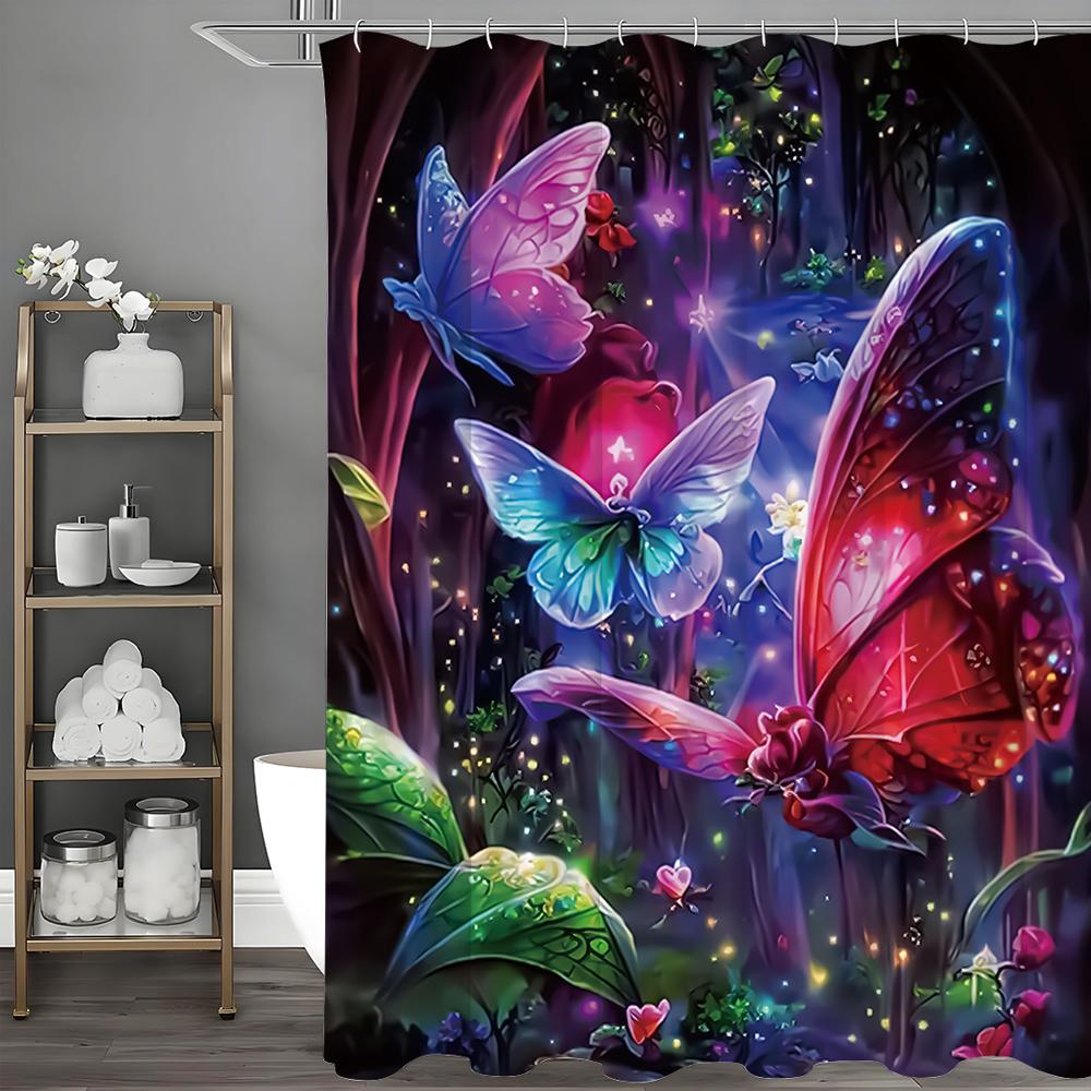 Enchanted Forest Fantasy Butterfly Shower Curtain, Bathroom Decorative Shower Curtain, Waterproof Shower Curtain with Hooks