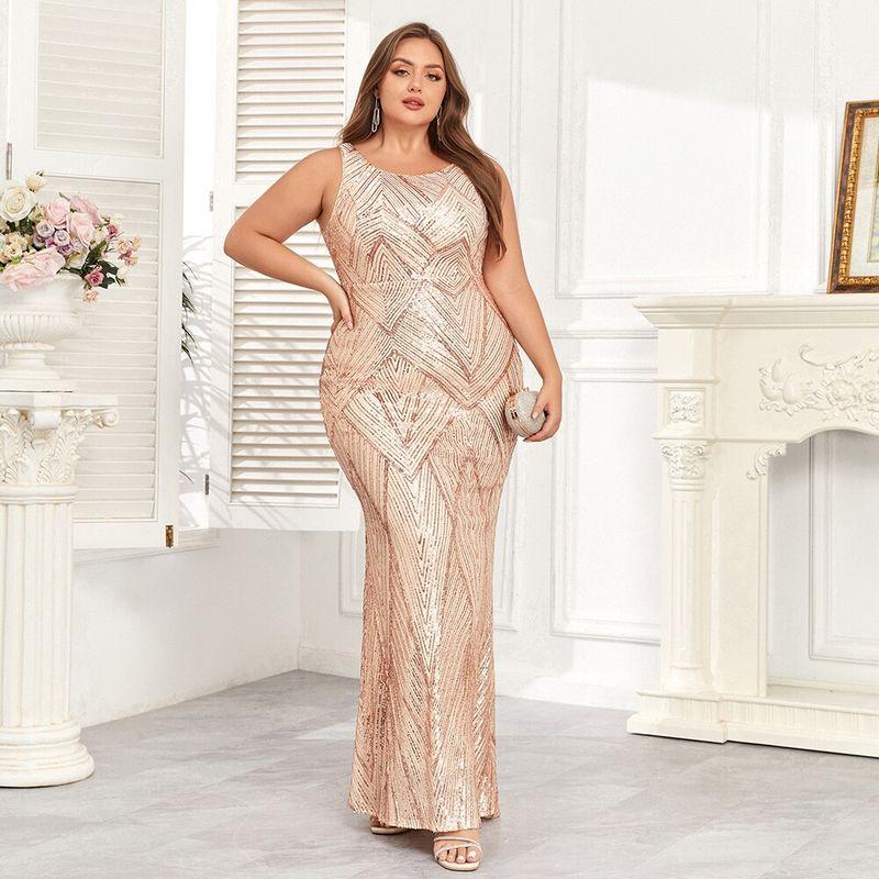 

Plus-Size Gown, New European and American Style Long Dress, High-End Sleeveless Halter Neck, Slim Fit, Bodycon, Banquet, Annual Meeting, Evening Dress Gold 1XL