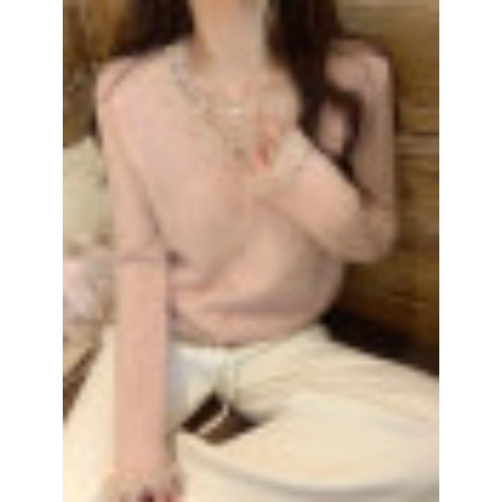 

Свитер с кружевной отделкой, Женский базовый вязаный свитер, Свободный V-образный вырез, Утепленный чувственный топ для осени и зимы one size розовый