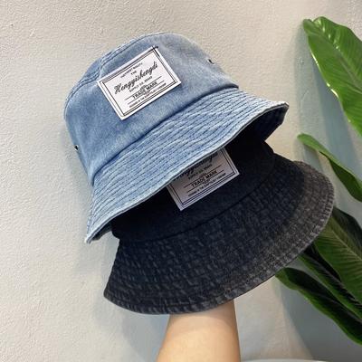 Korean and Japanese Versatile Denim Patch Fisherman Hat Spring and Summer Retro Hong Kong Style Street Sun Protection Pot Hat Women