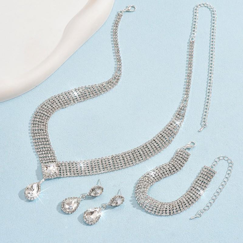 Waterdrop Crystal Pendant Necklace Set With Earrings Bracelet Women Formal Evening Wear