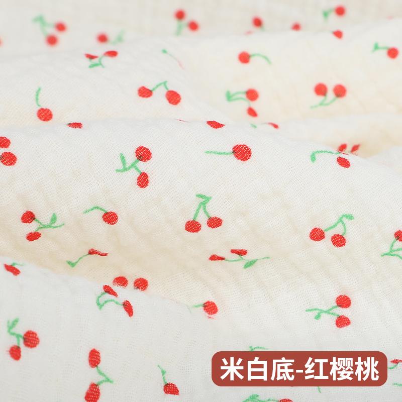 0.5m/1m/2m Soft Cartoon Cherry Print Double Crepe Gauze Fabric 100% Cotton Fabric DIY Sewing Clothing Baby Breathable Texture
