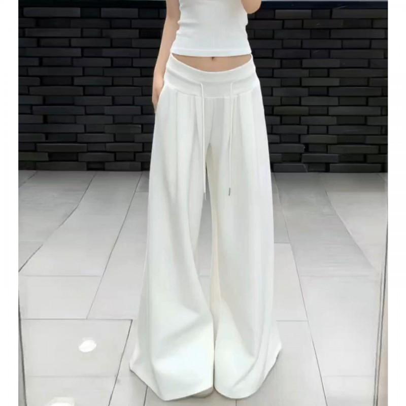 Womens White Low-Waist Loose Wide-Leg Casual Pants 2026 Cotton Blend Relaxed Fit Joggers