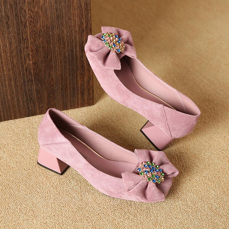 

Spring new leather single shoes women s thick heel bow ladyshoes with skirt Mary Jane shoes versatile small leather shoes high heels 34 фиолетовый