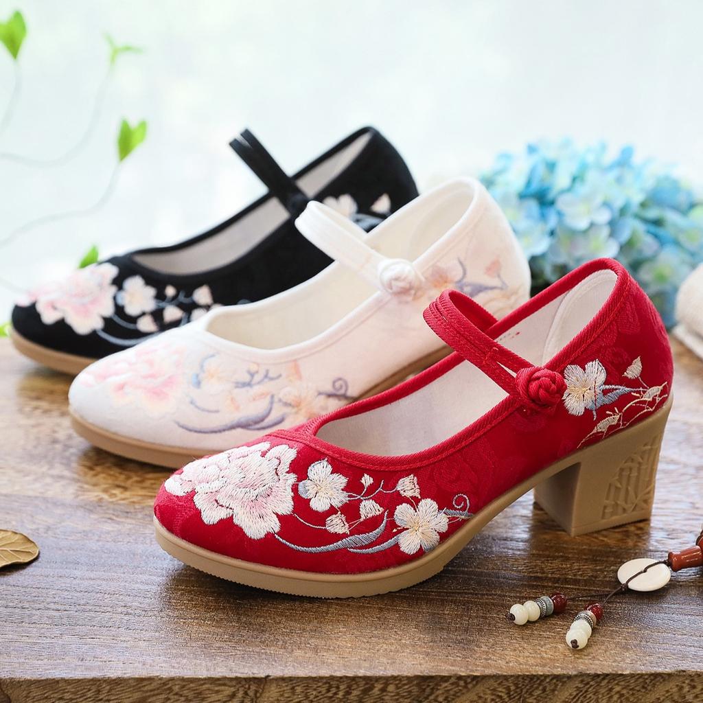 High Heels Women's Shoes Square Heel Light Mouth Round Head Embroidery Sexy and Thin Nightclub Single Shoes Wedding Shoes