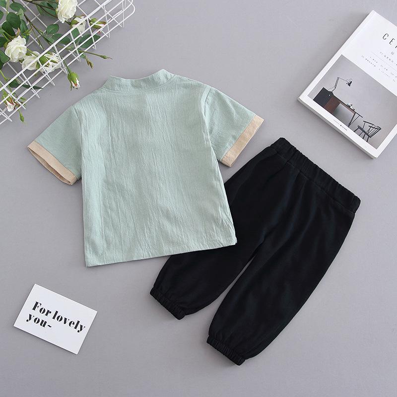 Sommer Baumwolle Leinen Zweiteiler Kurzarm Chinesischer Tang Anzug Hanfu für Jungen