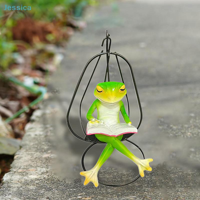 Reading Frog on Swing Decor - Resin Animal Figurine, Cute Desktop Ornament for Home, Office & Plant Decoration