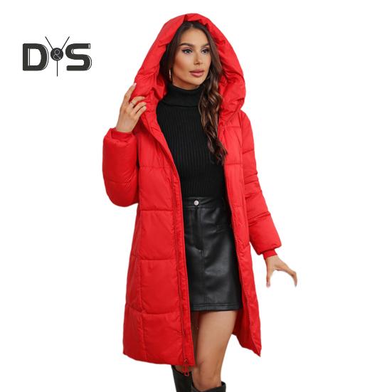 Women Winter Jacket with Hood Thickened Padded Down Coat Slim Waist Zipper Closure Mid Length Windproof Cold Weather Cotton Coat