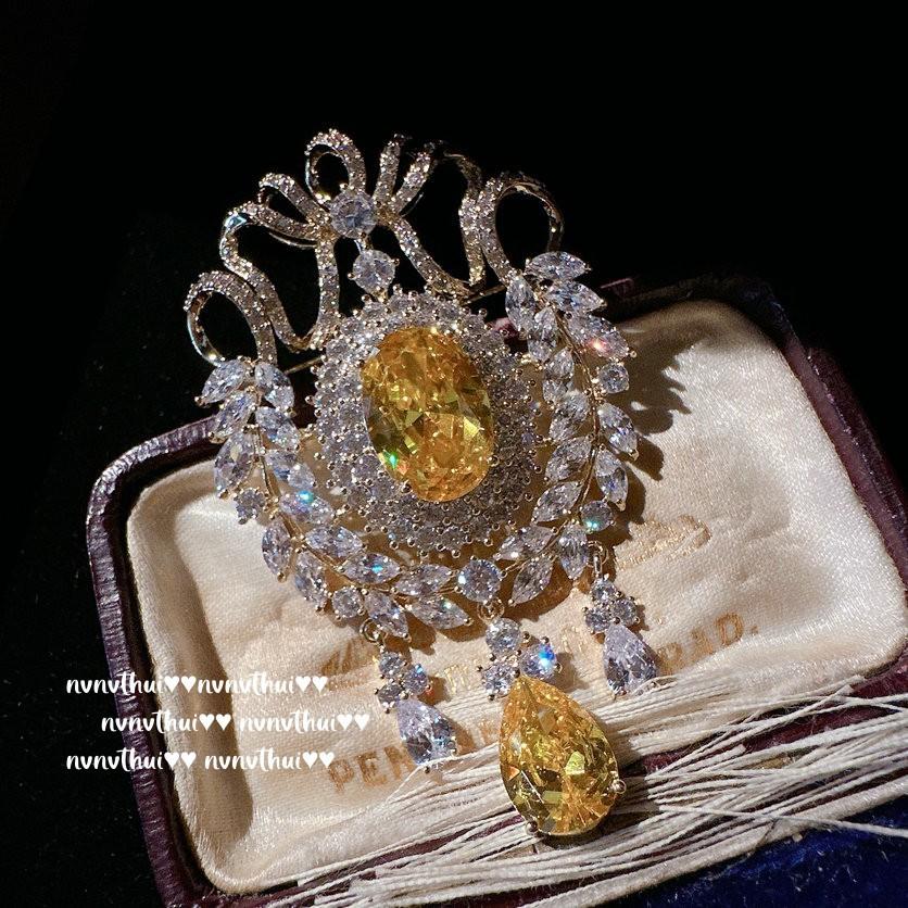 Farah Crown Wheat Ear Jewel Brooch, Antique, 18K Gold Plated, Twilight Yellow Water Drop Zircon Earrings Combination